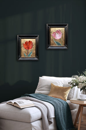 2 gold leaf tulip paintings on wall