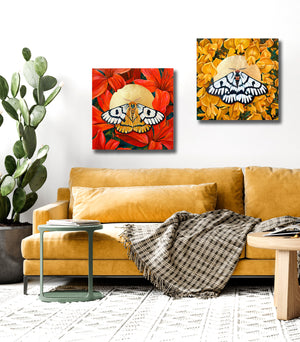 two square moth paintings on wall