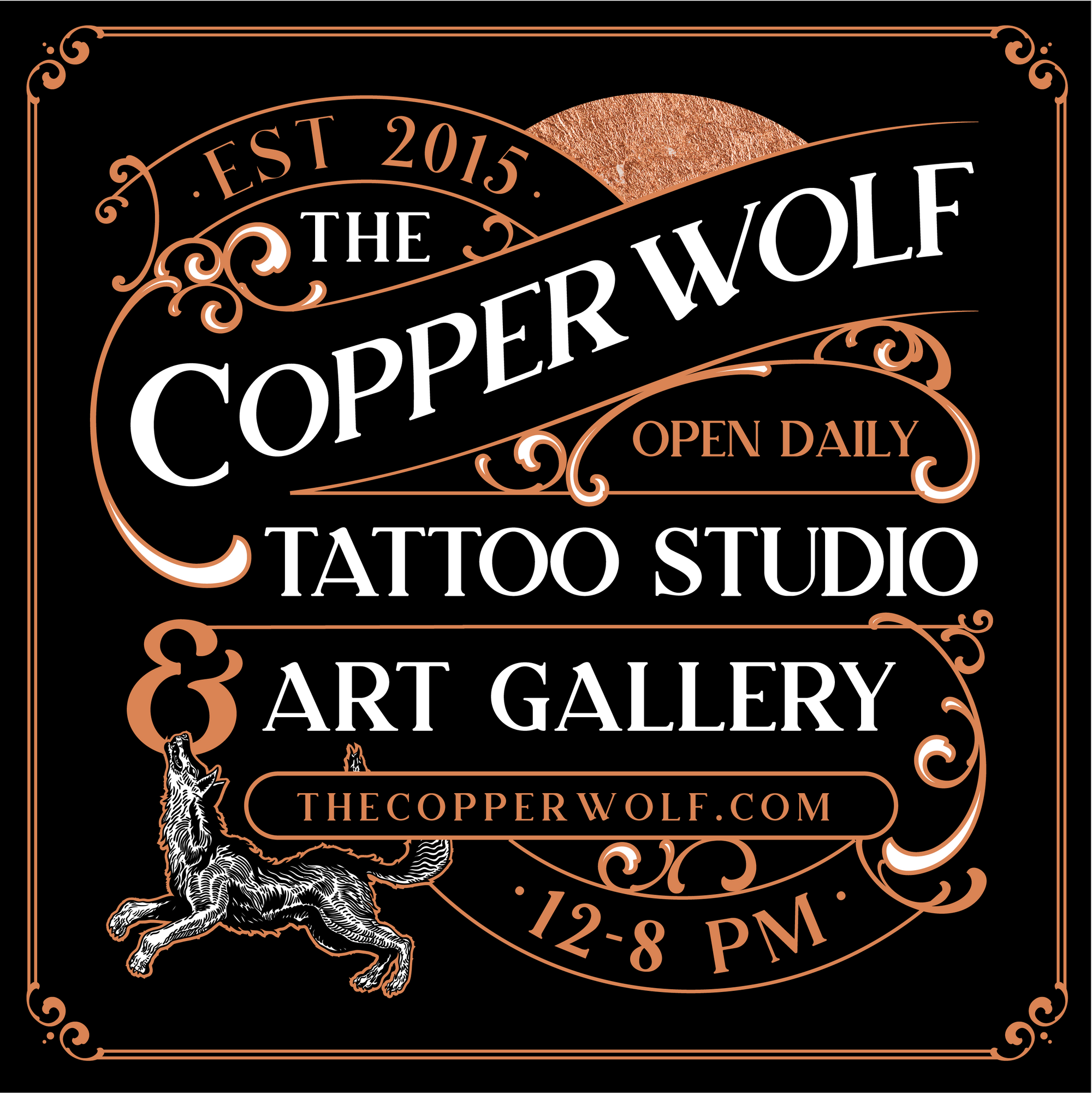 The Copper Wolf Tattoo Studio & Art Gallery, Tumwater Washington Open Daily 12-8 PM