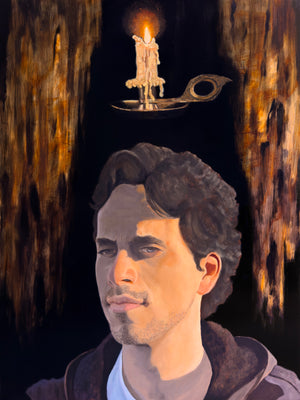 Oil painting by Danny Schreiber of man portrait with candle hovering over his head against a dark background