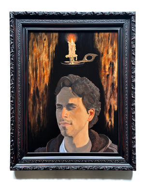 Oil painting by Danny Schreiber of man portrait with candle hovering over his head against a dark background framed in ornate dark frame