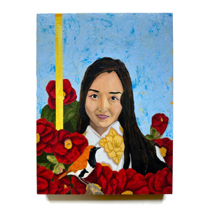 amaterasu woman portrait painting with camellias 