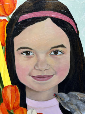 young girl portrait painting bird detail
