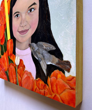 young girl portrait painting with tulips board edge detail