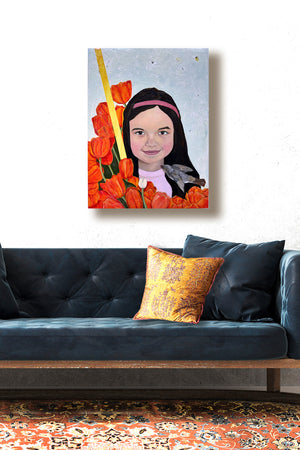 young girl portrait painting with tulips on wall