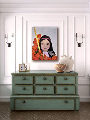 young girl portrait painting with tulips hanging on wall
