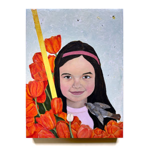 young girl portrait painting with tulips