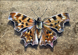 green comma anglewing butterfly painting with gold leaf detail
