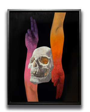 as above so below skull oil painting in float frame