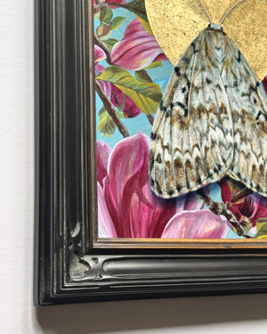 spongy moth and pink magnolia painting with gold leaf black frame detail