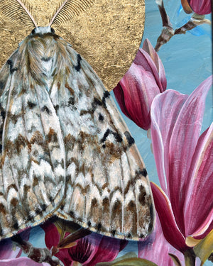 spongy moth and pink magnolia painting with gold leaf detail