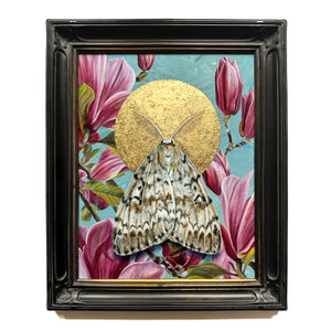 spongy moth and pink magnolia painting with gold leaf