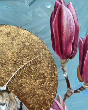 spongy moth and pink magnolia painting detail
