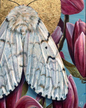 spongy white moth painting with pink magnolias detail