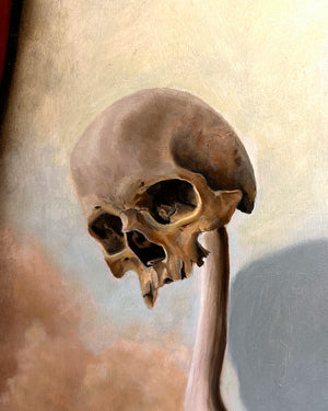painting detail of a human skull perched on a long branch, rendered in earthy beige, brown, and gray tones against a soft cream and blue background.
