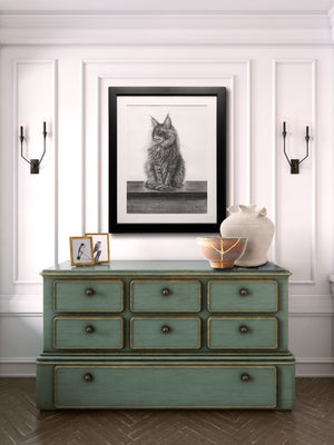 cat charcoal drawing framed art on wall