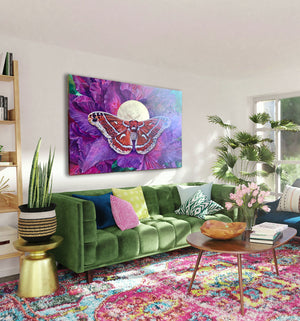 ceanothus moth painting purple rhododendron large canvas over sofa angle view
