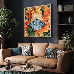 cerulean looper moth orange rhododendron art print on wall