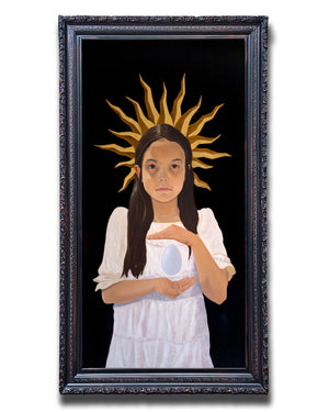 "Fear Shapes What Purity Cannot Hold" Symbolic Child with Halo and Egg Oil Painting in ornate frame by Danny Gordo