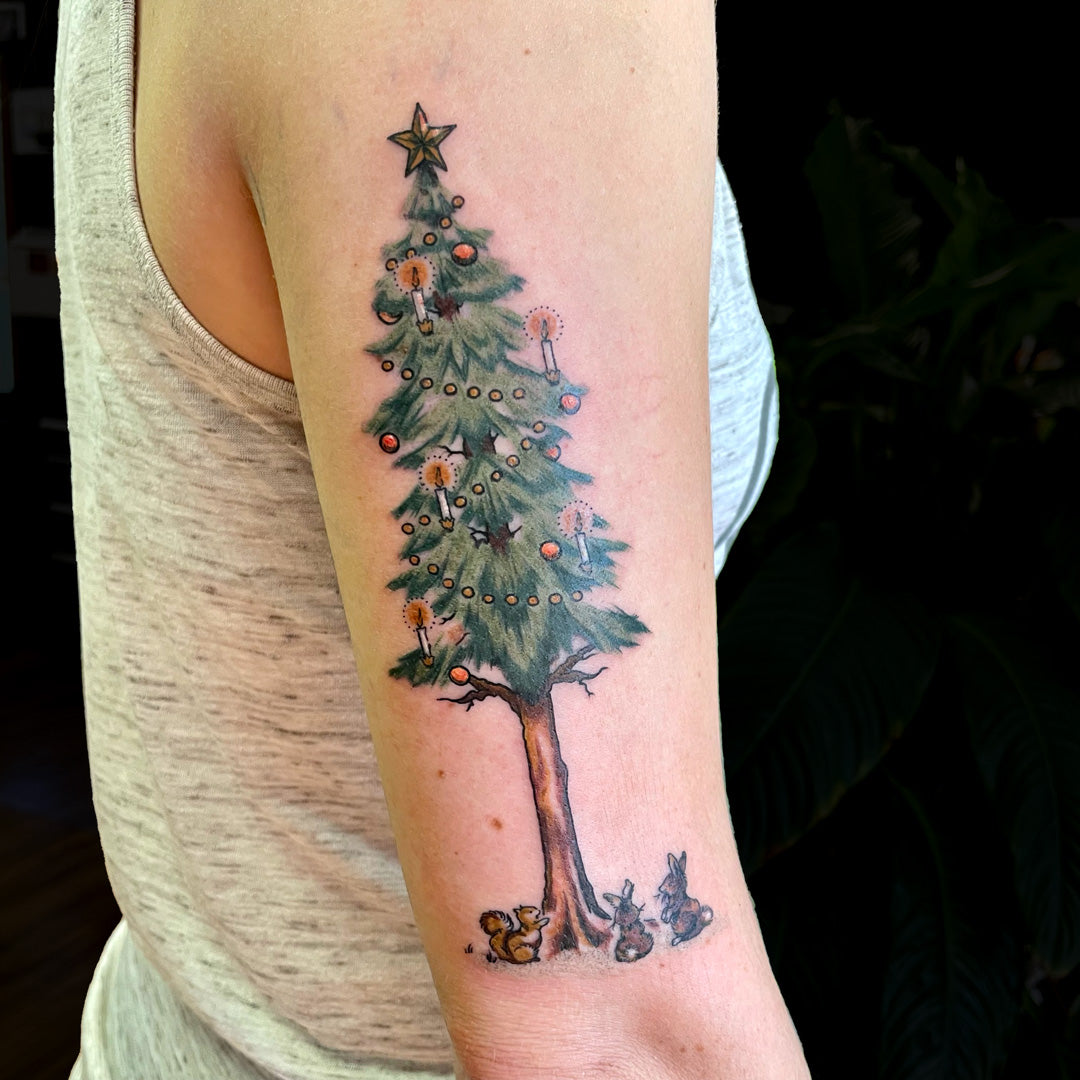 Christmas tree tattoo color by Cass Brown