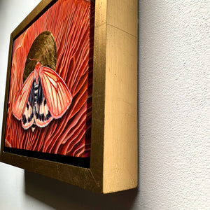 clouded buff moth mushroom painting in gold float frame detail