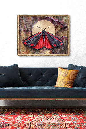 'Communion' red cinnabar moth and mushroom art print framed on wall
