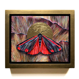 cinnabar moth mushroom painting in gold float frame