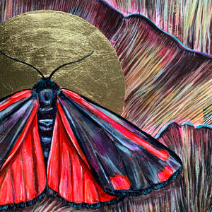 cinnabar moth mushroom painting with gold leaf halo
