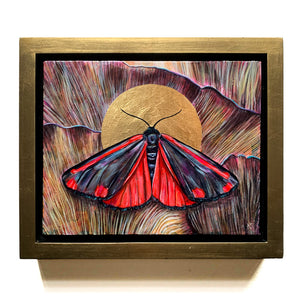 cinnabar moth mushroom painting in gold float frame