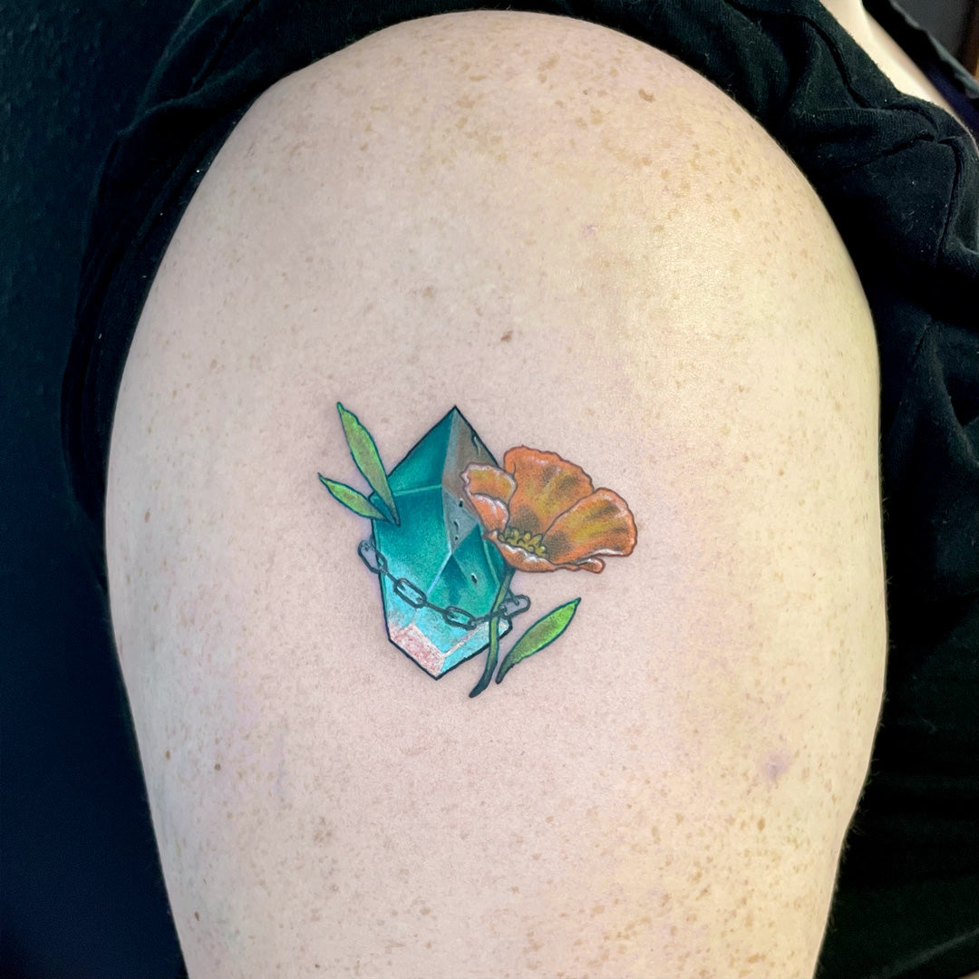 crystal poppy tattoo orange and teal by Cass Brown