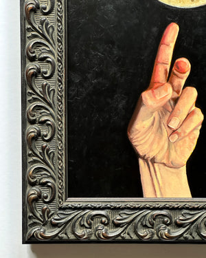 Close-up framed hand reaching towards a golden full-moon against a dark background