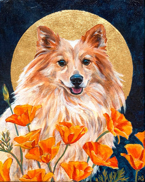 dog with poppies pet portrait painting