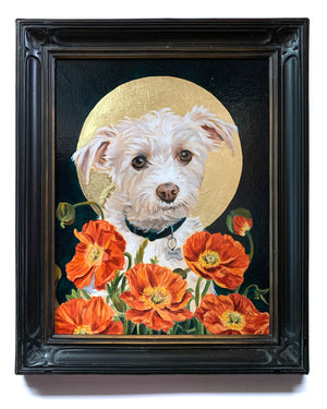 dog portrait painting with poppies