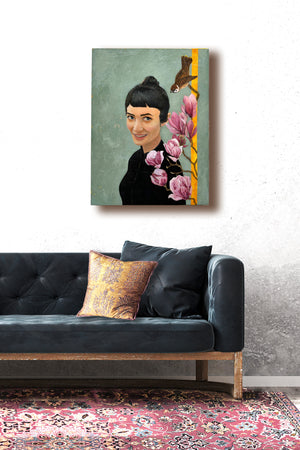 Eos woman floral portrait painting hanging on wall