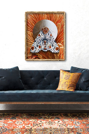 'Everything' Harris 3-spot moth mushroom art print framed on wall