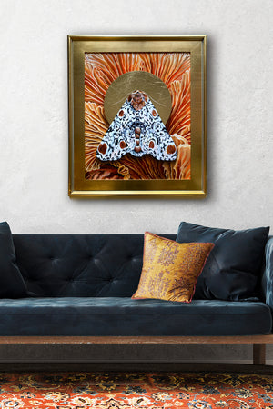 'Everything' moth orange mushroom painting in large gold frame