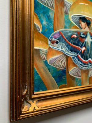 fairy mushroom painting in carved gold frame detail