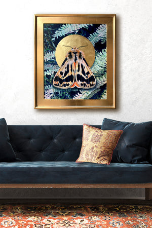 fern crimson tiger moth painting in gold frame wall decor