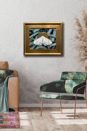 white muslin moth and fern painting in gold frame hanging on wall