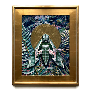 green pandora sphinx moth fern painting in gold frame