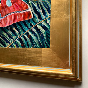red silkmoth fern painting in wide gold frame detail