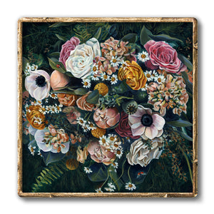 dark floral art print ladybug bouquet in gold frame