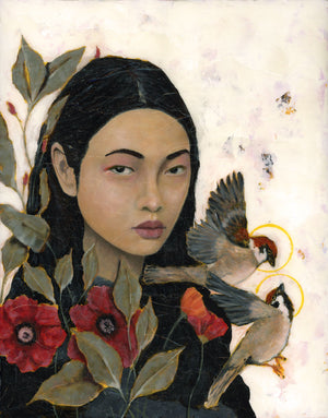 woman birds flowers art print