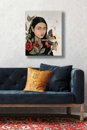 focus woman with birds painting on wood hanging on wall