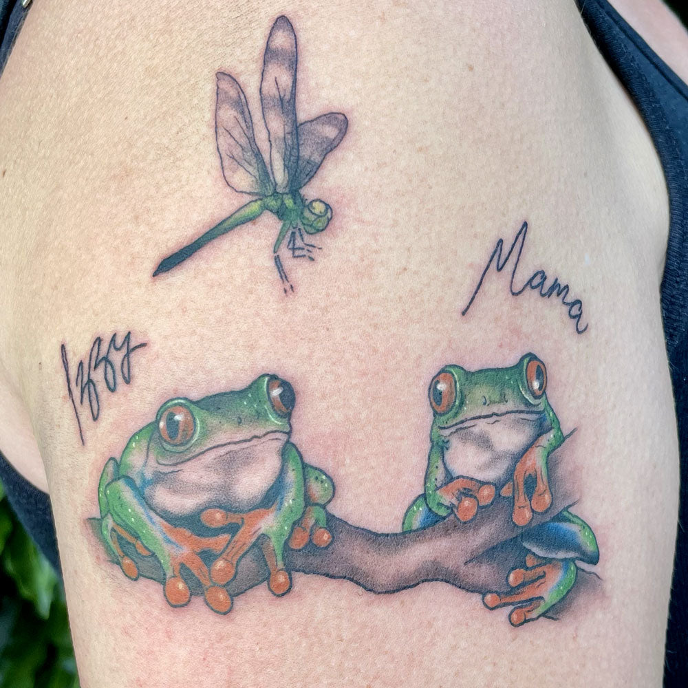 frog and dragonfly color tattoo by Cass Brown