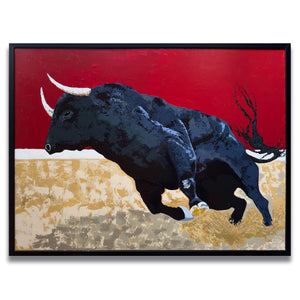 Fury | Framed textured painting of a black bull on a red and gold background