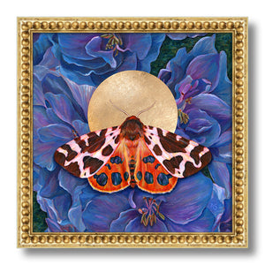 garden tiger moth art print blue delphinium flowers in gold frame 16 inch