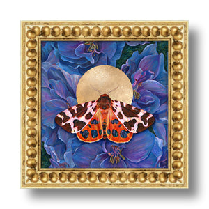 garden tiger moth art print blue delphinium flowers in gold frame 8 inch