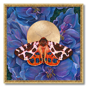 garden tiger moth art print blue delphinium flowers in gold frame 30 inch