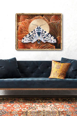 'Connection' giant leopard moth mushroom art print on wall